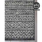 FH Home Outdoor Rug - Waterproof Easy to Clean Stain Resistant - Patio Indoor Outdoor Porch Deck Balcony Entryway - Striped Boho - Amman - Charcoal - 6' x 9'