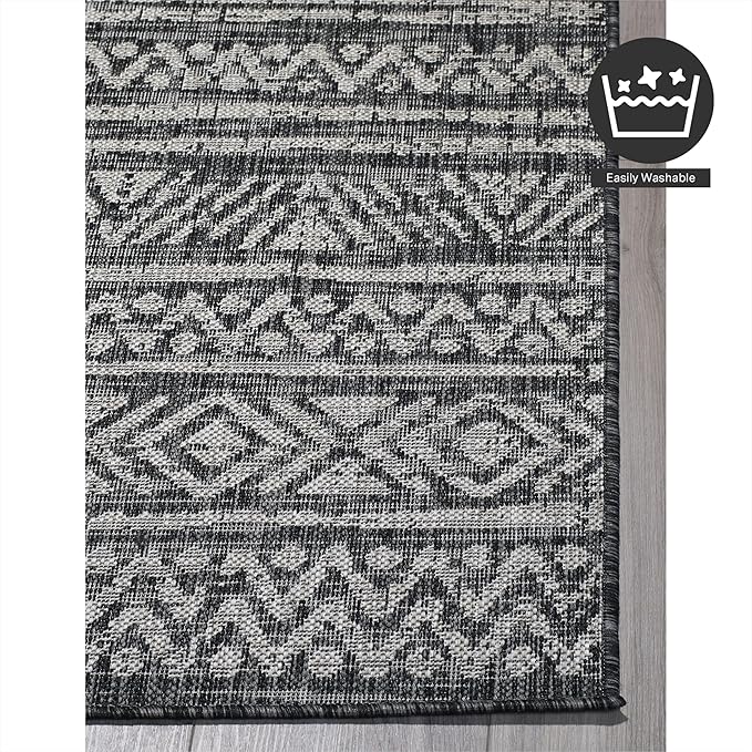 FH Home Outdoor Rug - Waterproof Easy to Clean Stain Resistant - Patio Indoor Outdoor Porch Deck Balcony Entryway - Striped Boho - Amman - Charcoal - 6' x 9'