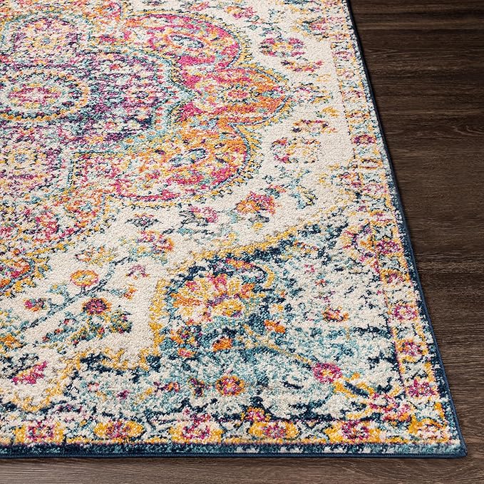 Livabliss Area Rugs - 7ft Round Romaine Vintage Boho Fuchsia Mustard Blue Round Area Rug for Living Room Bedroom - Floral Medallion Stain Resistant Carpet for Kitchen, Nursery, Office (6'7" Round)