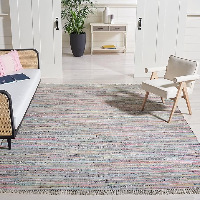 SAFAVIEH Rag Rug Collection Area Rug - 10' x 14', Grey & Multi, Handmade Boho Stripe Cotton, Ideal for High Traffic Areas in Living Room, Bedroom (RAR121M)