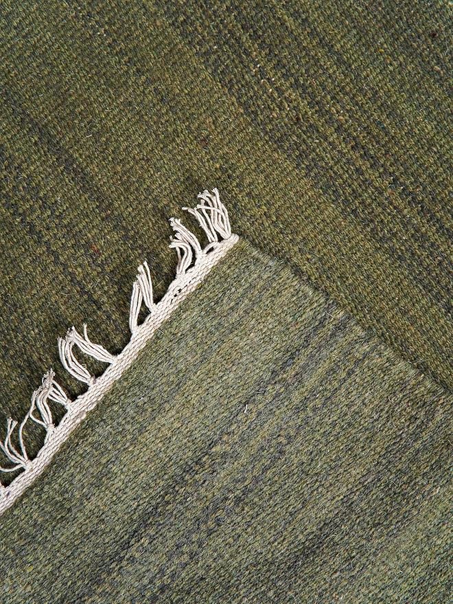 Rugsotic Carpets Hand Woven Flat Weave Kilim Wool ECO-Friendly Area Rugs - 6'x6', Square Shape, Olive Color, Solid Plain Design, Low Pile Handmade Area Rugs for Living Room, Bed Room (D00111)