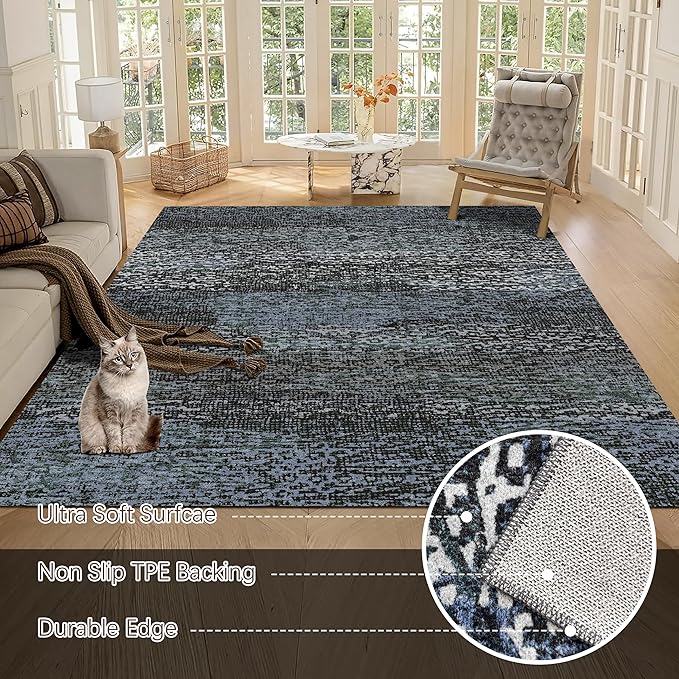 RUGSURE Washable Area Rug - 1/6 Thick - Stain & Water Resistant Non-Slip - Resistant Rug for Living Room, Bedroom, Nursery, Pet & Child Friendly, Vintage Charm Area Rugs (Darkgrey+Bule, 5' x 7')
