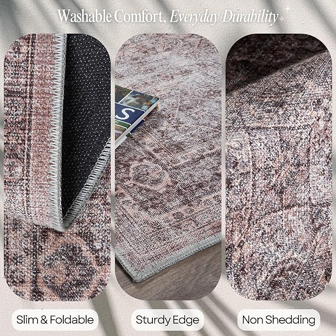 Fame Rugs Turkish Rug. Washable Vintage Oriental Antique Inspired Traditional Doormat Small Modern Area Rugs Luxury Entryway Entry Bedroom Bathroom Kitchen (397CB, 2'5 x 9'8)