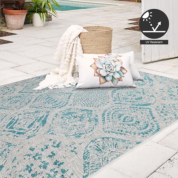 FH Home Flat Woven Outdoor Rug - Waterproof, Easy to Clean, Stain resistant - Premium Polypropylene Yarn - Distressed Farmhouse - Porch, Deck,Balcony,Laundry Room - Granada - Aqua - 2ft 7in x 4ft 11in