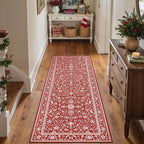 HUGEAR Christmas 2x6 Runner Rug Machine Washable Red Hallway Area Rugs Indoor Accent Rugs Floral Low Pile Carpet Distressed Throw Rug Bedroom Living Room Office Dining Kitchen Laundry Non Slip