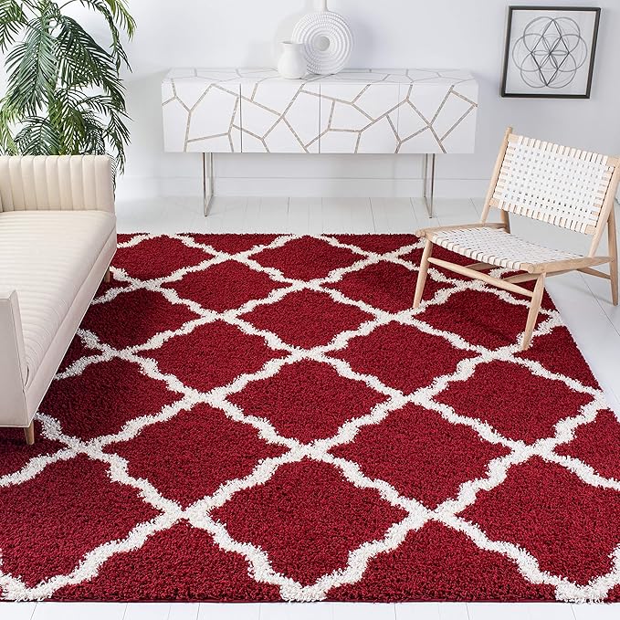 SAFAVIEH Dallas Shag Collection Area Rug - 6' Square, Red & Ivory, Trellis Design, Non-Shedding & Easy Care, 1.5-inch Thick Ideal for High Traffic Areas in Living Room, Bedroom (SGD257Q)