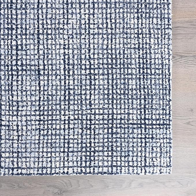 Hand-Tufted 100% Wool Pile Area Rug – Geometric Textured Grid Check Pattern – Thick and Durable Floor Carpet for Bedroom, Living Room, Kids Room, and Dining Area (Navy Blue, 7' Round)