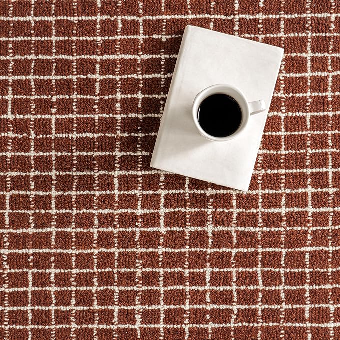 Rugs USA 6x9 Melrose Checked Wool Indoor Area Rug, Contemporary Farmhouse Chestnut/Ivory for Living Room, Bedroom, Office, Entryway, Hallway
