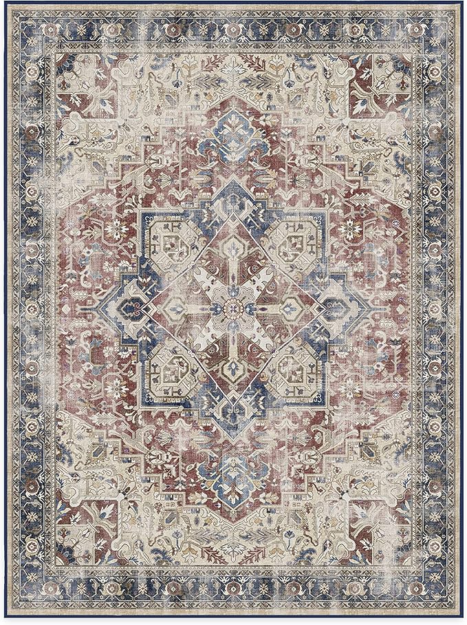 RUGGABLE Washable Vintage Area Rug – Kamran Royal Blue 9x12, Stain-Resistant, Non-Slip – Large Machine Washable Rugs for Living Room, Bedroom, Hallway, Entryway & Office–with Cushioned Pad