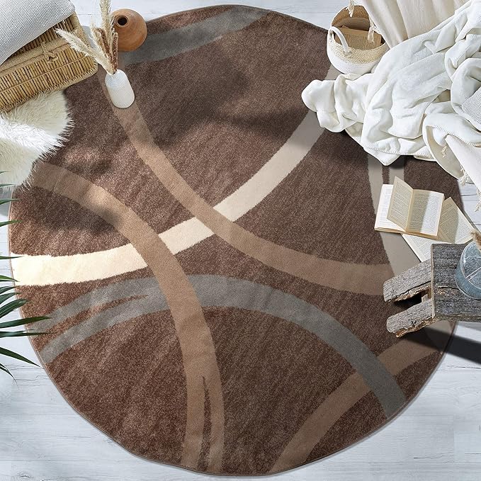 Rugshop Modern Wavy Circles Design Round Rug, Carpet with Jute Backing for Living Room, Dining Room, or Bedroom, Brown, 8' Round