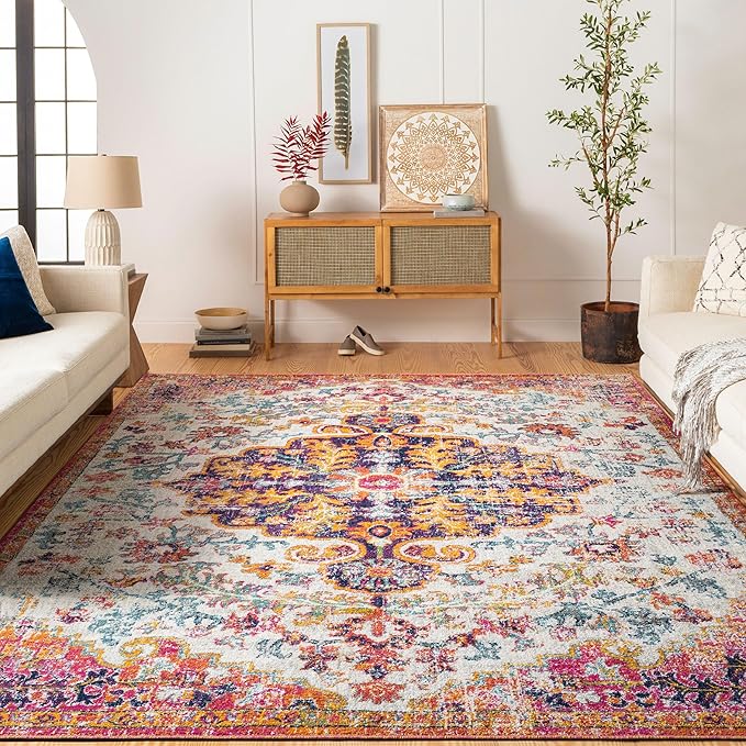 Livabliss Area Rugs - 8x10 Odelia Vintage Boho Beige Mustard Gray Area Rug for Living Room Bedroom - Floral Medallion Stain Resistant Carpet for Kitchen, Nursery, Office (7'10" x 10'3")