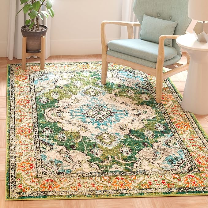 SAFAVIEH Monaco Collection Area Rug - 11' Square, Forest Green & Light Blue, Medallion Distressed Design, Non-Shedding & Easy Care, Ideal for High Traffic Areas in Living Room, Bedroom (MNC243F)