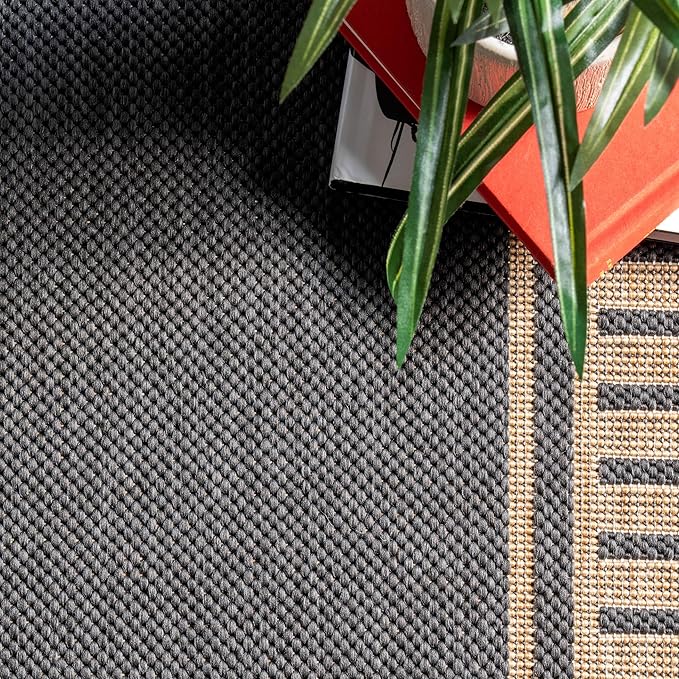 Nuloom Asha Dark Grey/Ivory, 9'6" x 12', Casual, Striped Border, Soft and Cozy, High Traffic, Stain Resistant, Easy Clean, Durable Area Rug for Indoor/Outdoor Patio, Deck, Porch, Garden, Courtyard