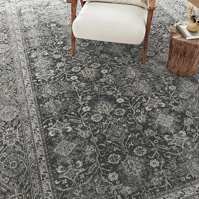Black Runner Rug 2x5 Vintage Area Carpet Hallway Indoor Kitchen Washable Living Room Low Pile Traditional Distressed Retro Accent Throw Rug Non Slip for Laundry Bathroom Office Dining Room