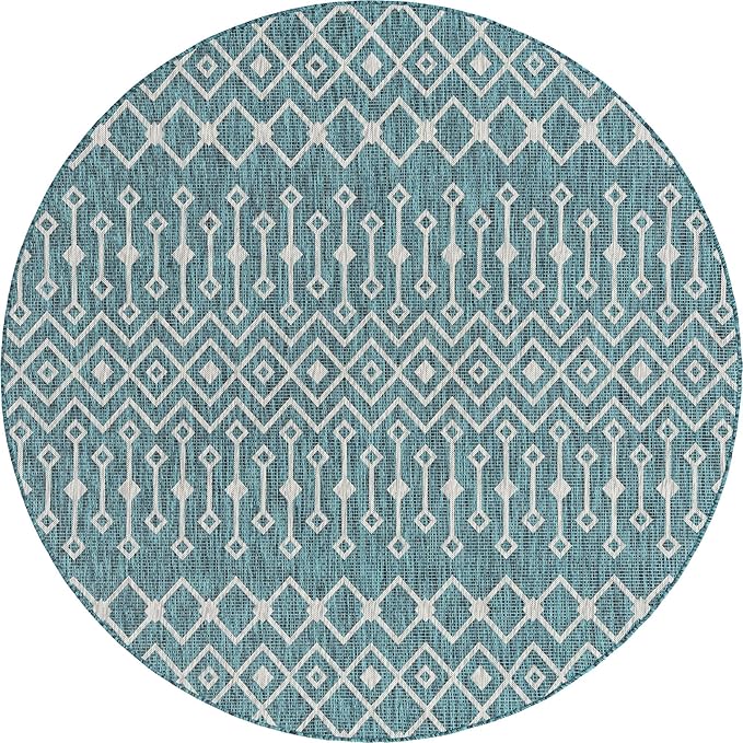 Unique Loom Outdoor Trellis Collection Area Rug - Tribal Trellis (7' 10" Round, Teal/ Ivory)