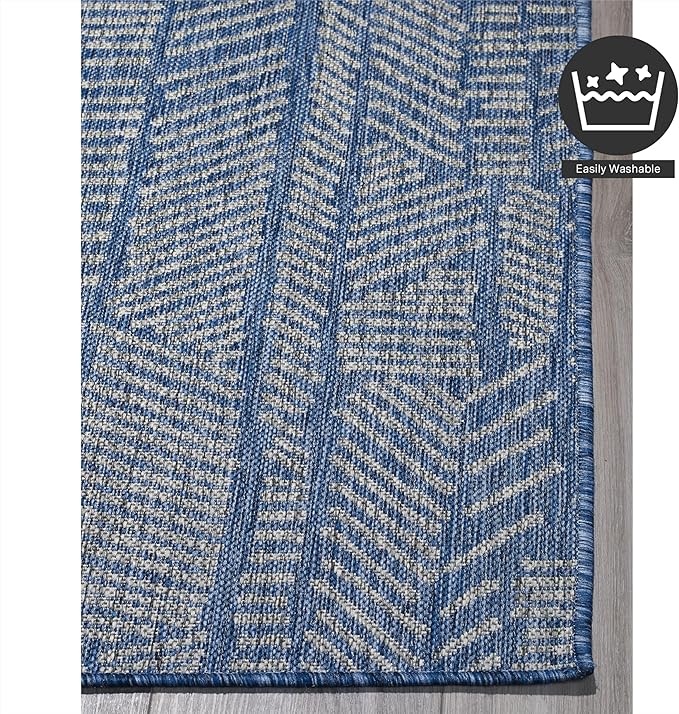 FH Home Flat Woven Outdoor Rug - Waterproof, Easy to Clean, Stain Resistant - Premium Polypropylene Yarn - Modern Abstract - Patio, Porch, Deck, Balcony - Suez - Blue - 5ft 2in x 7ft 6in