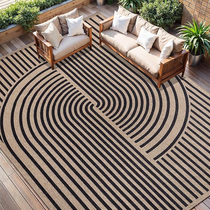 Tangsoo Rainbow Easy Jute Rug 8x10 Washable Rugs for Living Room,Black Non Slip Carpet,Outdoor Patio Area Rug Farmhouse Modern Office Mat for Backyard Dining Room Bedromm