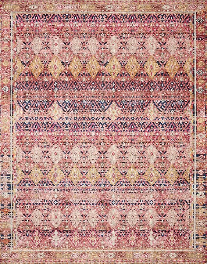 Loloi Layla Collection LAY-15 Magenta/Multi 2'-6" x 7'-6" .13" Thick Runner Rug, Soft, Durable, Vintage Inspired, Distressed, Low Pile, Non-Shedding, Easy Clean, Printed, Living Room Rug