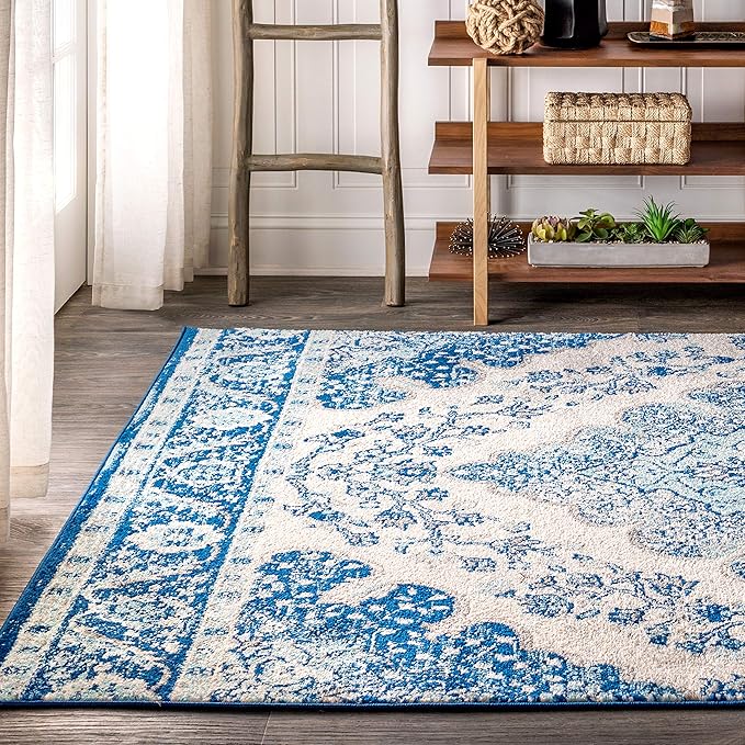 JONATHAN Y Boho Vintage Cream/Blue Indoor Area Rug, 8x10, Bohemian Flair Medallion, Floral Easy-Cleaning High Traffic for Living Room, Bedroom, Kitchen, Pet-Friendly, Non-Shedding (BMF106B-8)