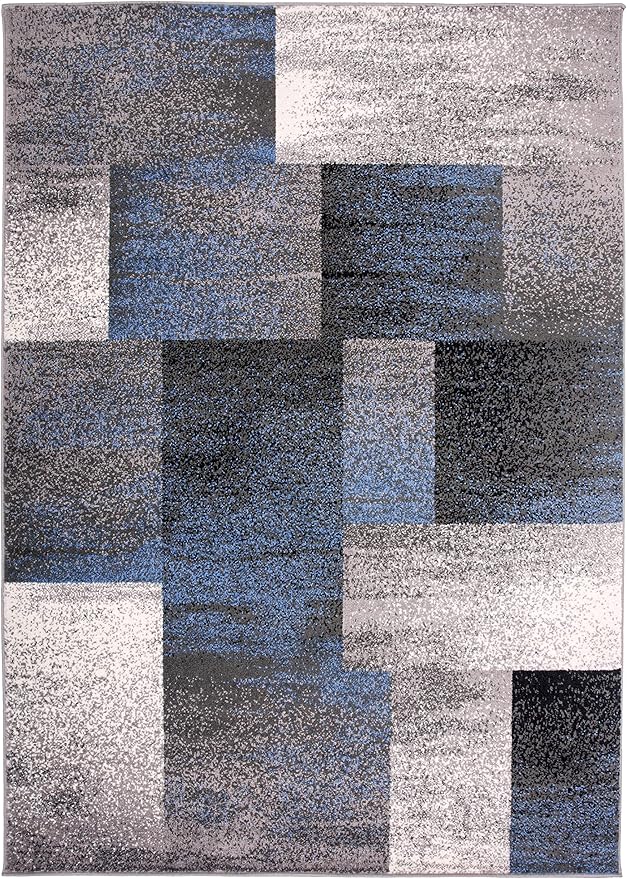 Rugshop Blue Modern Distressed Boxes Area Rug — Non-Shedding for Bedroom, Home Office and Entryway 3' x 5'