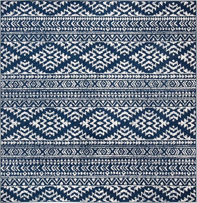 SAFAVIEH Tulum Collection Area Rug - 5' Square, Navy & Ivory, Moroccan Boho Tribal Design, Non-Shedding & Easy to Clean, Ideal for Living Room, Bedroom, Dining Space (TUL272N)