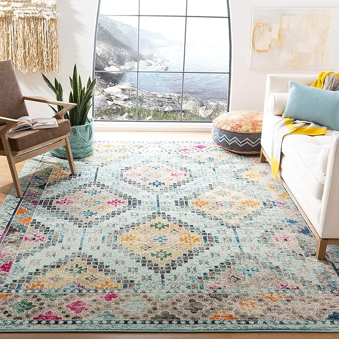 SAFAVIEH Madison Collection Area Rug - 10' x 14', Blue & Yellow, Boho Diamond Distressed Design, Non-Shedding & Easy Care, Ideal for High Traffic Areas in Living Room, Bedroom (MAD418K)