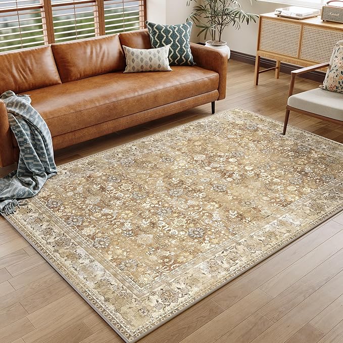 HUGEAR 4x6 Machine Washable Rugs Brown Beige Hallway Area Rug Indoor Accent Rug Floral Low Pile Carpet Soft Throw Rug Bedroom Living Room Office Dining Room Kitchen Laundry Room Non Slip