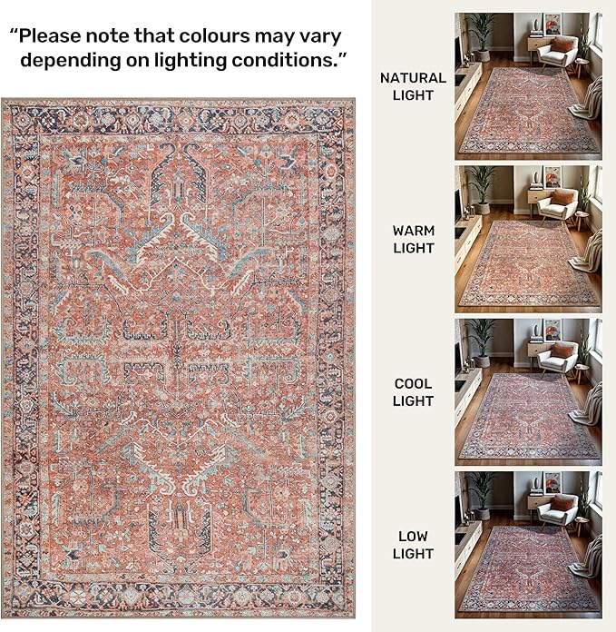 GLN Rugs Traditional Collection - Machine Washable Area Rug, Traditional Washable, Non Slip, Low Pile Chenille Rug, Living Room, Bedroom, Kitchen Rug (8' x 10' Terra/Multicolor 1168)
