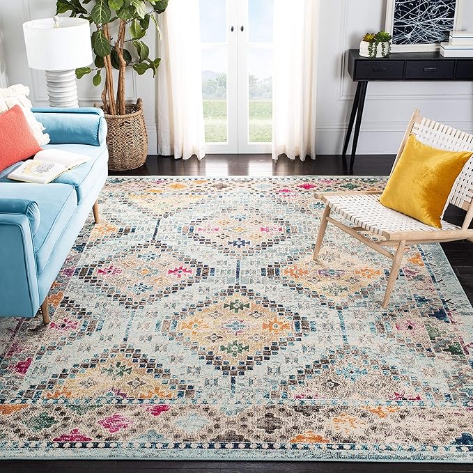 SAFAVIEH Madison Collection Area Rug - 6' x 9', Blue & Yellow, Boho Diamond Distressed Design, Non-Shedding & Easy Care, Ideal for High Traffic Areas in Living Room, Bedroom (MAD418K)
