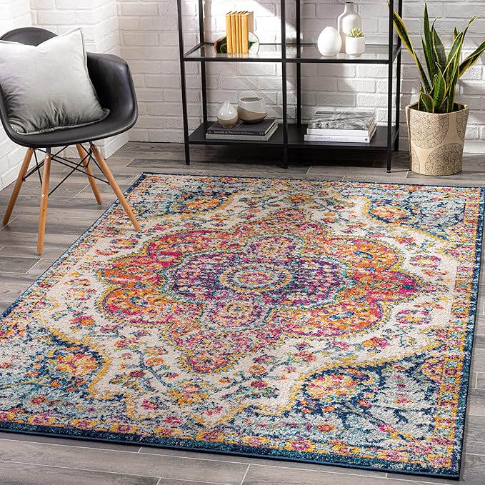 Livabliss Area Rugs - 8ft Round Romaine Vintage Boho Fuchsia Mustard Blue Round Area Rug for Living Room Bedroom - Floral Medallion Stain Resistant Carpet for Kitchen, Nursery, Office (7'10" Round)