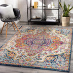 Livabliss Area Rugs - 7x7 Romaine Vintage Boho Fuchsia Mustard Blue Square Area Rug for Living Room Bedroom - Floral Medallion Stain Resistant Carpet for Kitchen, Nursery, Office (6'7" Square)