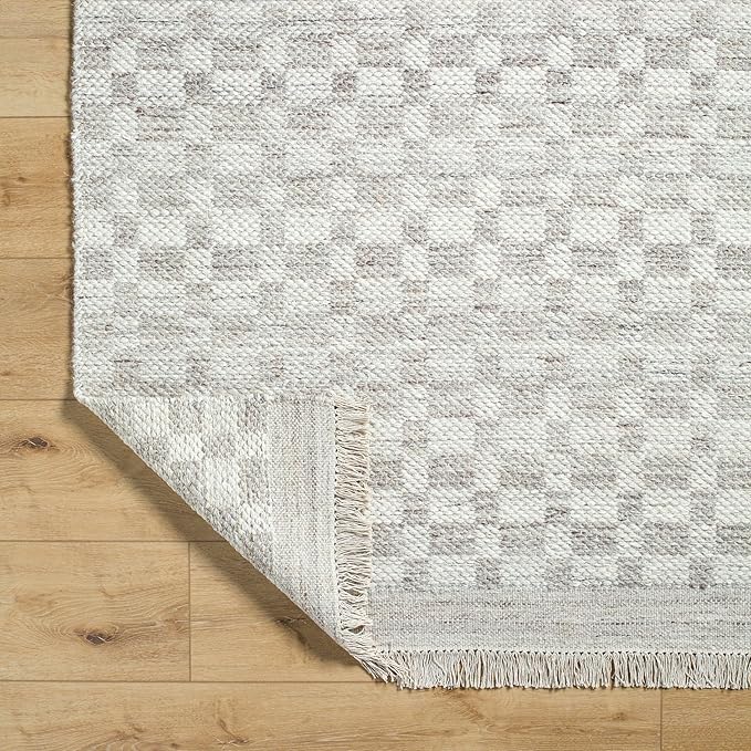Mark&Day Wool Rugs, 6x9 Clinten Solid and Border Light Gray Checkered Rug, Grey Ivory Carpet for Living Room, Bedroom or Kitchen (6' x 9')