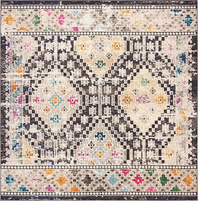 SAFAVIEH Madison Collection Area Rug - 9' Square, Black & Yellow, Boho Diamond Distressed Design, Non-Shedding & Easy Care, Ideal for High Traffic Areas in Living Room, Bedroom (MAD418Z)