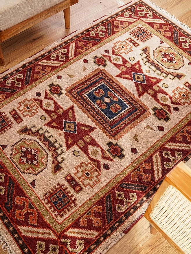 Hand Knotted Wool & Silk ECO-Friendly Oriental Area Rugs - 5'x8', Rectangle Shape, Cream Burgundy Color, Classic Oriental Traditional, Medium Pile Handmade Area Rugs (AF0102)