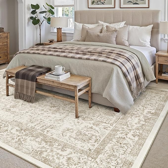 Light Brown Area Rug 9x12 Machine Washable Large Vintage Living Room Distressed Non Slip Carpet Traditional Indoor Bedroom Retro Floral Accent Throw Rug for Office Kitchen Dining Room