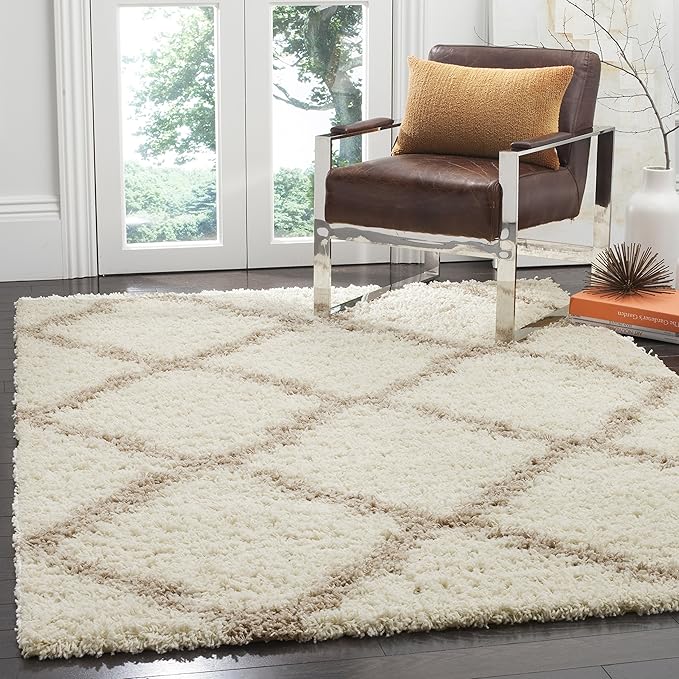 SAFAVIEH Dallas Shag Collection Accent Rug - 4' x 6', Ivory & Beige, Trellis Design, Non-Shedding & Easy Care, 1.5-inch Thick Ideal for High Traffic Areas in Entryway, Living Room, Bedroom (SGD257B)