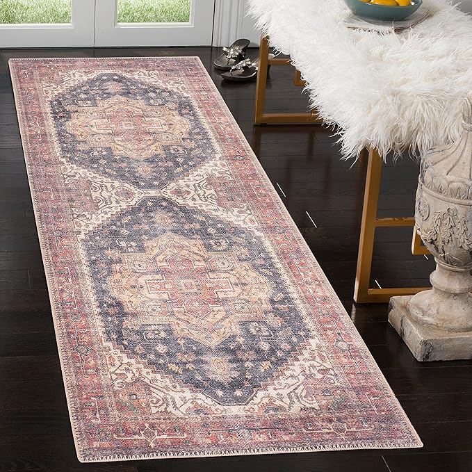 GLN Rugs Traditional Collection - Machine Washable Area Rug, Traditional Washable, Non Slip, Low Pile Chenille Rug, Living Room, Bedroom, Kitchen Rug (2'6" x 7' Black/Terra)