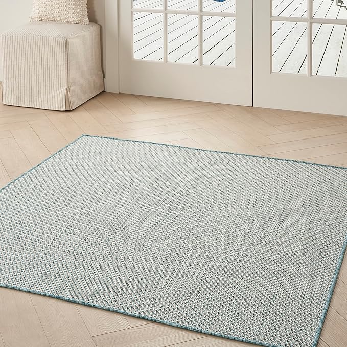 Nourison Home Courtyard Ivory Aqua 5' x Square Area Rug - Easy Clean, Non Shedding, Bed Room, Living Room, Dining Room, Kitchen (5' x Square)