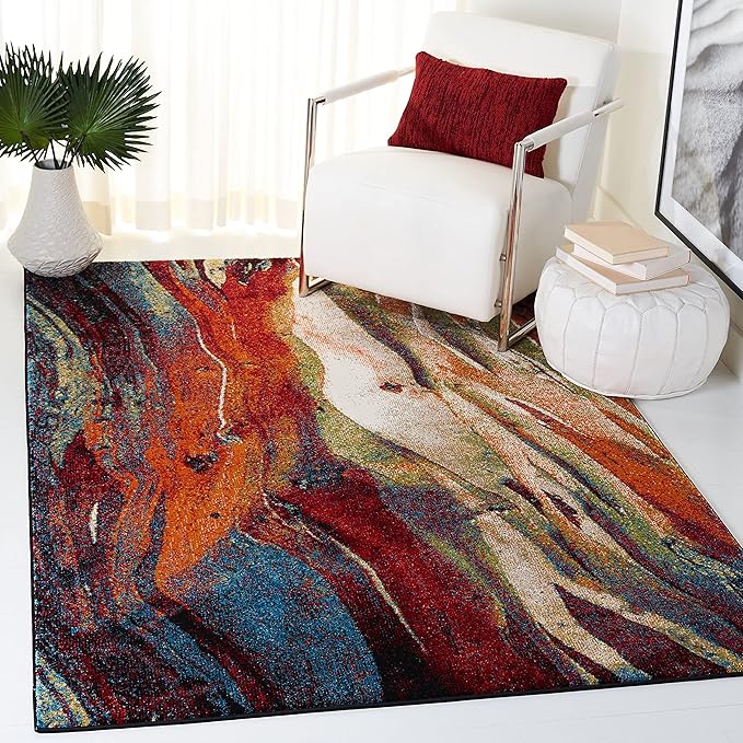 SAFAVIEH Glacier Collection Area Rug - 6'7" Square, Red & Multi, Modern Abstract Design, Non-Shedding & Easy Care, Ideal for High Traffic Areas in Living Room, Bedroom (GLA126A)