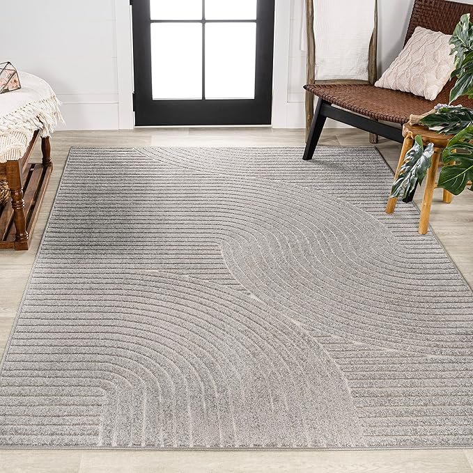 JONATHAN Y Hallie High-Low Curve Gray/Ivory Indoor/Outdoor Area Rug, 9x12, Minimalist, Pet Friendly, Non-Shedding, Stain Resistant, Hose-Washable for Backyard, Patio, Porch (SCN100A-9)