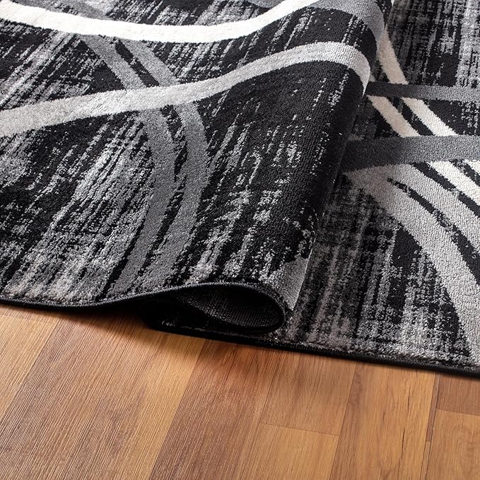 Rugshop Modern Wavy Circles Design Round Rug, Non-Shedding Carpet for Living Room, Dining Room, or Breakfast Nook, Black, 6'6" Round