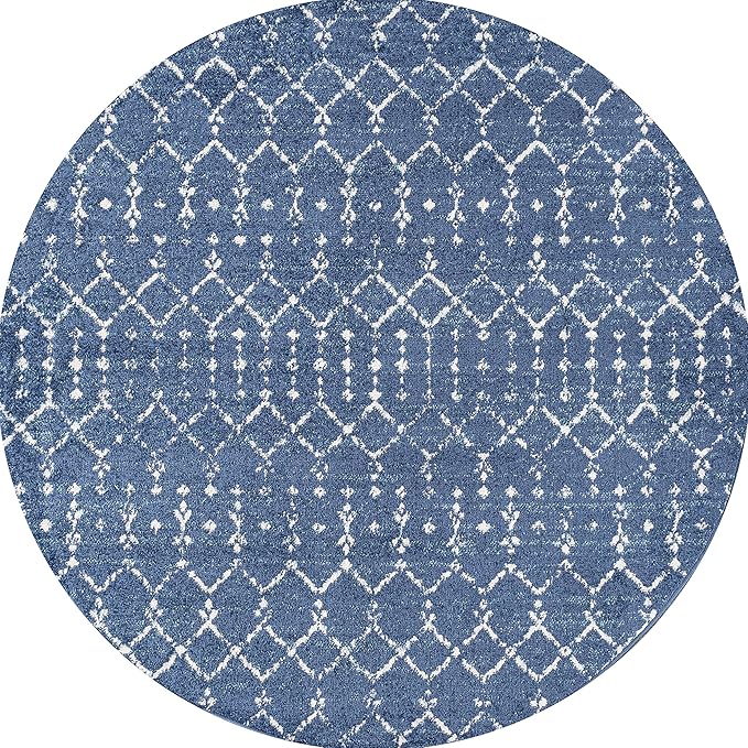 JONATHAN Y Boho Vintage Diamond Blue/White Round Area Rug 5 ft, Moroccan Hype for Living Room, Bedroom, Kitchen, Office, Easy-Cleaning, High Traffic, Pet-Friendly, Non-Shedding (MOH101A-5R)