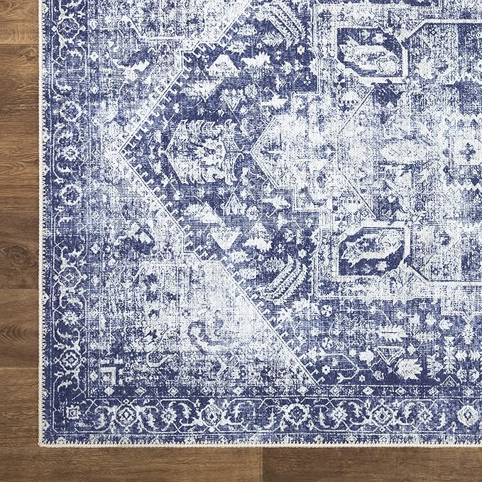 Bloom Rugs Washable Non-Slip 4' x 6' Rug - Blue/Ivory Traditional Area Rug for Living Room, Bedroom, Dining Room, and Kitchen - Exact Size: 4' x 6'