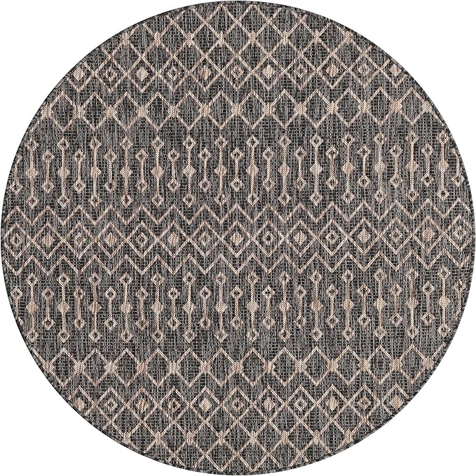 Unique Loom Outdoor Trellis Collection Area Rug - Tribal Trellis (5' 3" Round, Charcoal Gray/ Natural)