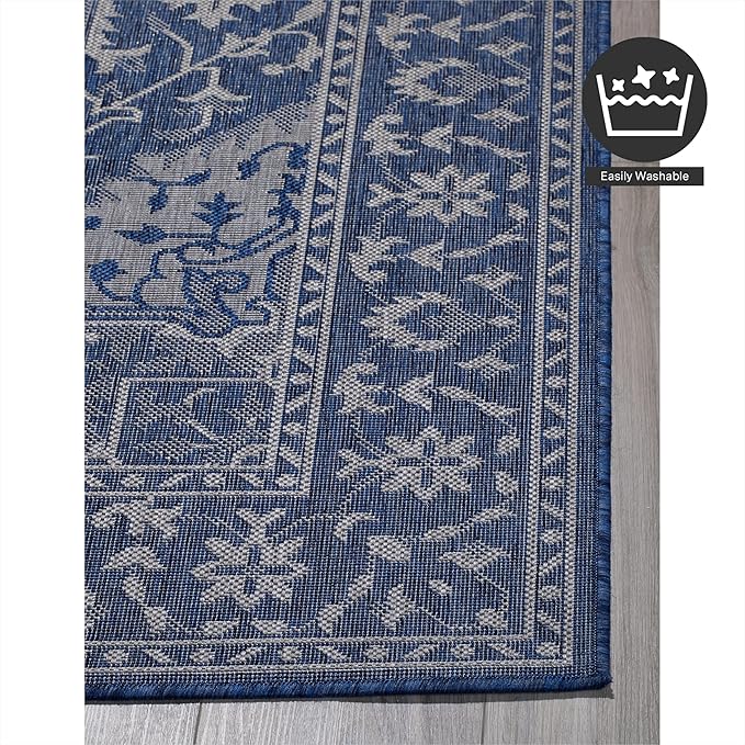 FH Home Flat Woven Outdoor Rug - Waterproof, Easy to Clean, Stain Resistant - Premium Polypropylene Yarn - Vintage - Large Patio, Deck, Sunroom - Amol - Blue - 7ft 10 in x 10ft 9in