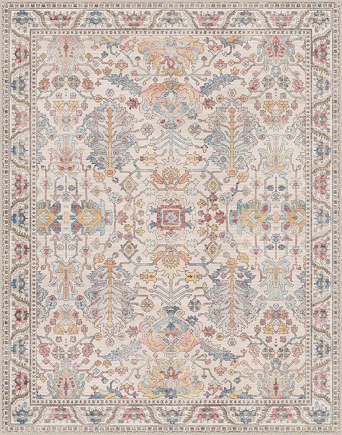 Area Rugs 8x10 Clearance Washable Boho Rug for Bedroom Living Room, Non Slip Thin Low Pile Chenille Carpet for Dining Room,Vintage Farmhouse, Retro Multi