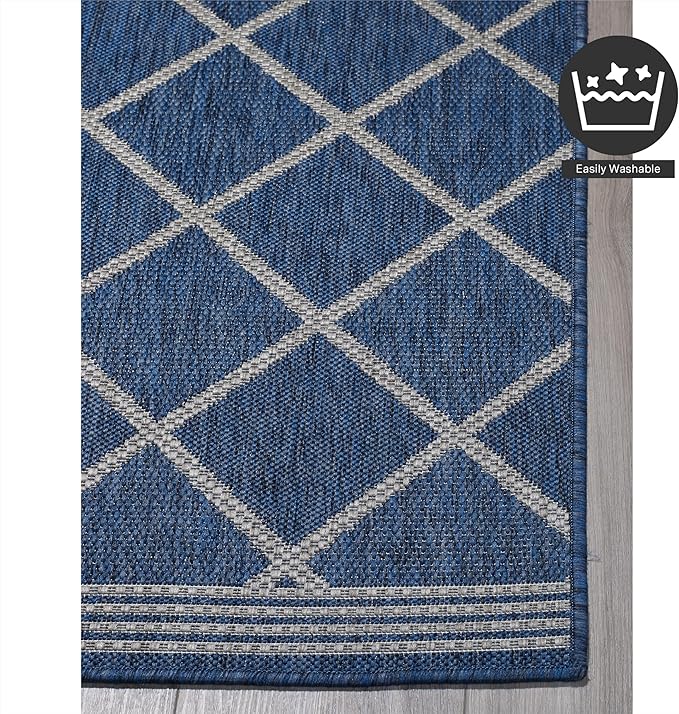 FH Home Flat Woven Outdoor Rug - Waterproof, Easy to Clean, Stain resistant - Premium Polypropylene Yarn - Moroccan Geometric Lattice - Large Patio, Deck, Sunroom - Tunis - Blue - 7ft 10 in x 10ft 9in