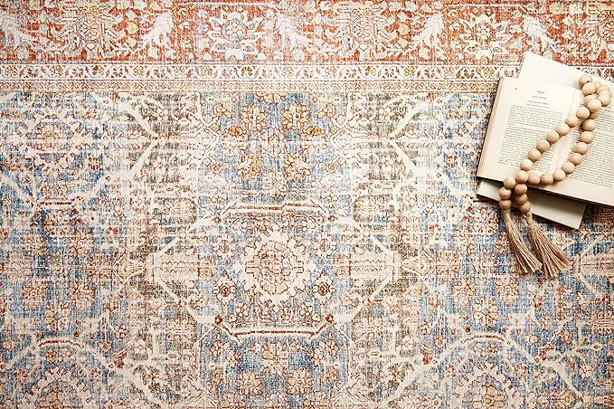 Loloi Layla Collection LAY-04 Ocean/Rust 2'-6" x 7'-6" .13" Thick Runner Rug, Soft, Durable, Vintage Inspired, Distressed, Low Pile, Non-Shedding, Easy Clean, Printed, Living Room Rug