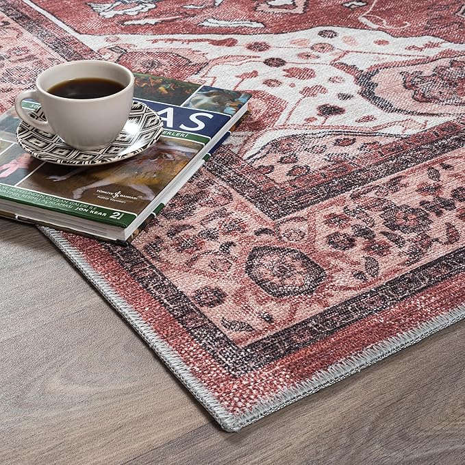 Fame Rugs Turkish Rug. Washable Vintage Oriental Antique Inspired Traditional Doormat Small Modern Area Rugs Luxury Entryway Entry Bedroom Bathroom Kitchen (404RR, 4'9 x 6'9)