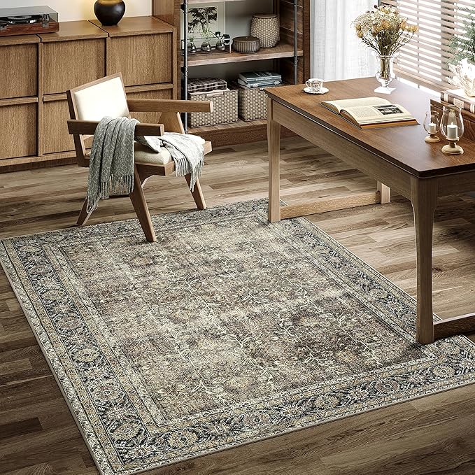 Vintage Area Rug 3x5 Brown Entryway Office Washable Carpet Non Slip Bedroom Indoor Living Room Door Mat Low Pile Traditional Distressed Retro Accent Rug for Dining Room Bathroom Kitchen